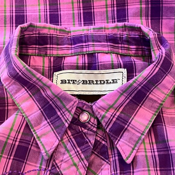 Bit & Bridle Pink Plaid Pearl Snap Top, Small - Picture 5 of 7